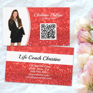 Professional Coral Faux Glitter Custom Photo QR Business Card