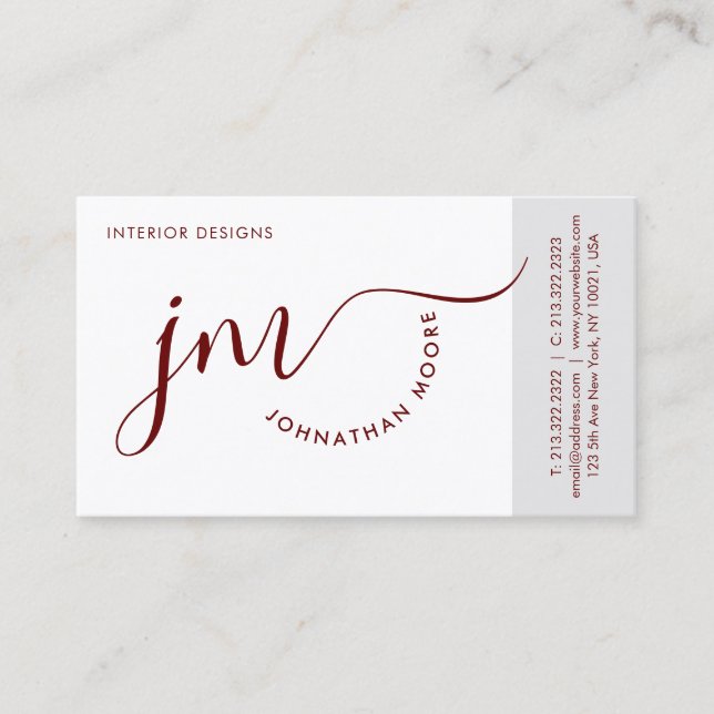 Professional Curvature Burgundy Script Monogram Business Card (Front)