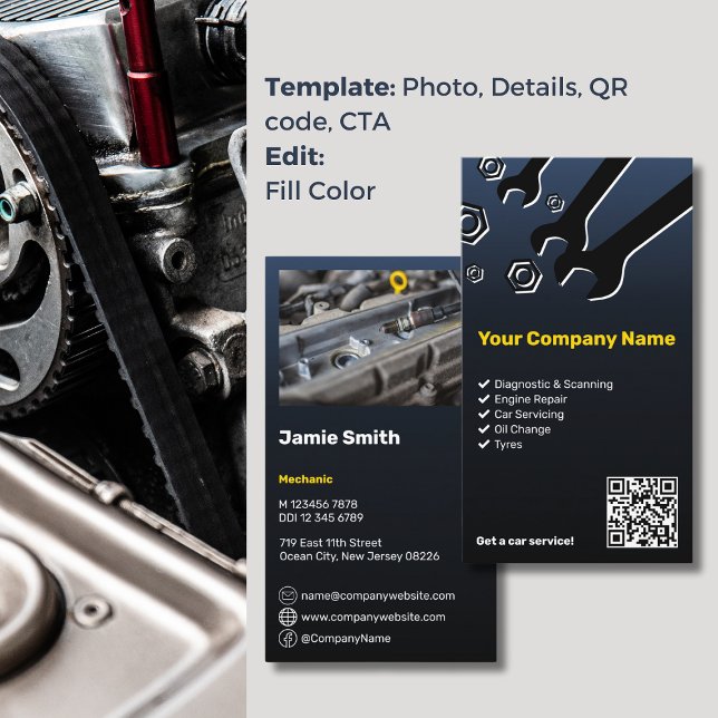 Professional Custom Blue QR Code Auto Mechanic Business Card (Professional Custom Blue QR Code Auto Mechanic Business Card, Photo, Service List, Virtual Icons)