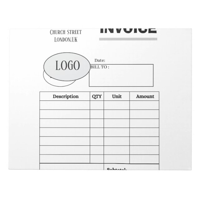 Professional custom business invoice notepad (Front)