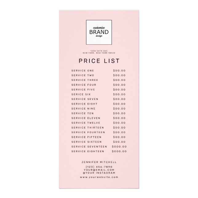 Professional Custom Logo Blush Price Service List  Rack Card (Front)