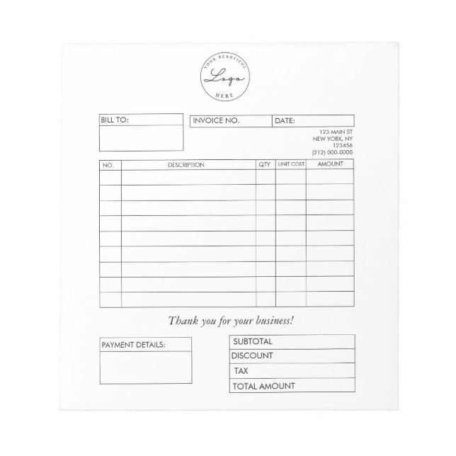 Professional Custom Logo Invoice Business Notepad (Front)