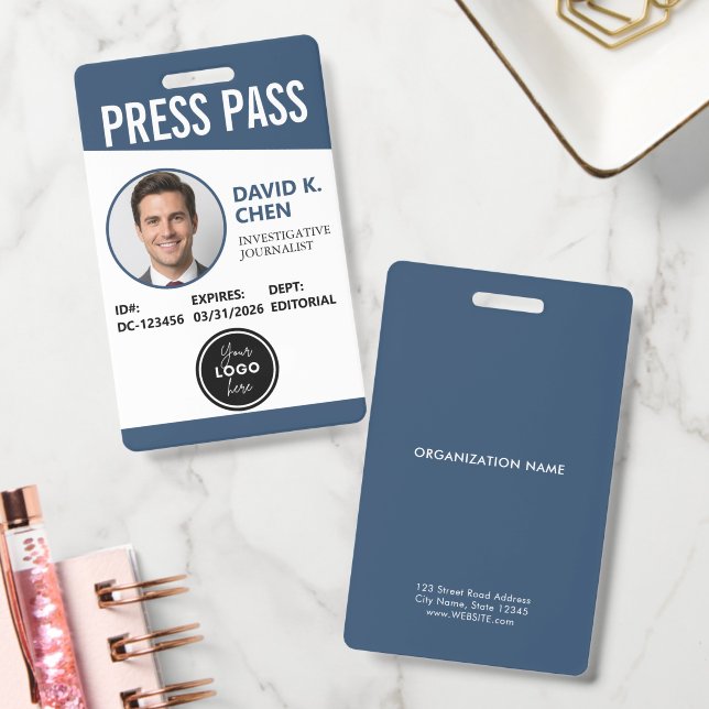 Professional Custom Press Pass ID Badge - Blue (Office)