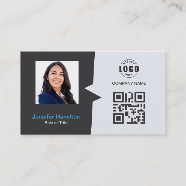 Professional Custom QRCode Photo Grey Blue Business Card (Front)