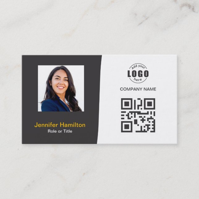 Professional Custom QRCode Photo Grey Yellow Business Card (Front)