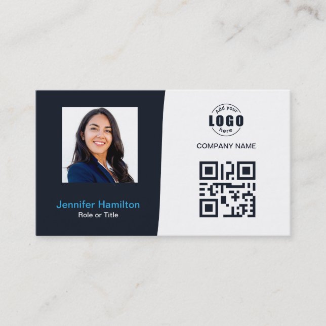 Professional Custom QRCode Photo Navy Blue Busines Business Card (Front)