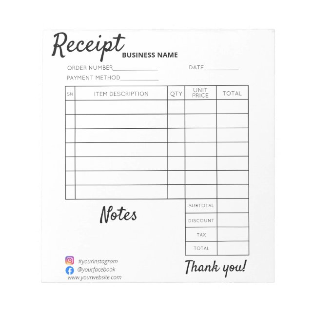 Professional Custom receipts for business  Notepad (Front)