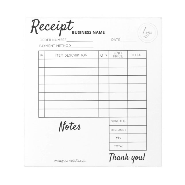 Professional Custom receipts for business Notepad (Front)