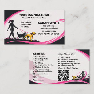 Professional Dog Walking Pet Sitting Black Pink QR Business Card
