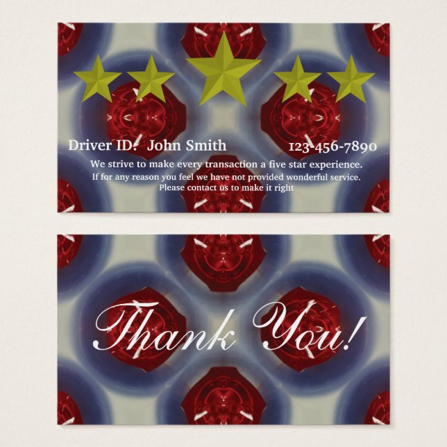 Professional Driver five star rating feedback card (Front & Back)