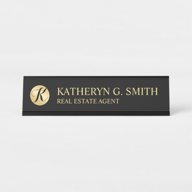 Professional Elegant Black and Gold Desk Name Plate (Front)