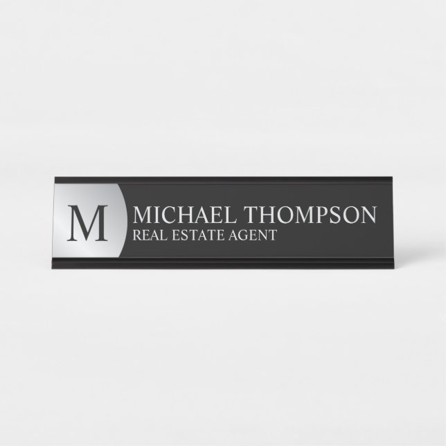 Professional Elegant Black and Silver Desk Name Plate (Front)