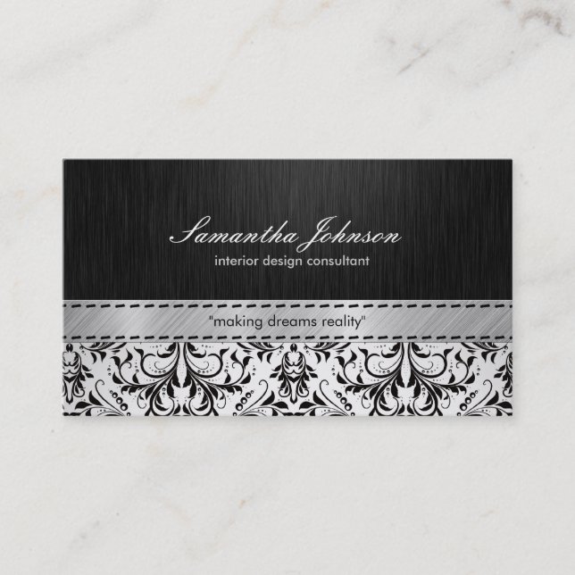 Professional Elegant Black and White Damask Business Card (Front)