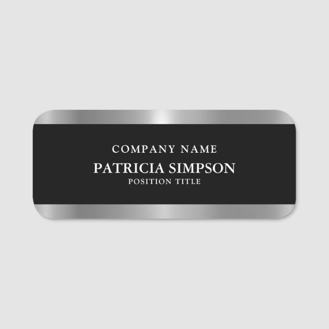 Professional & Elegant Black White Metallic Silver Name Tag (Front)
