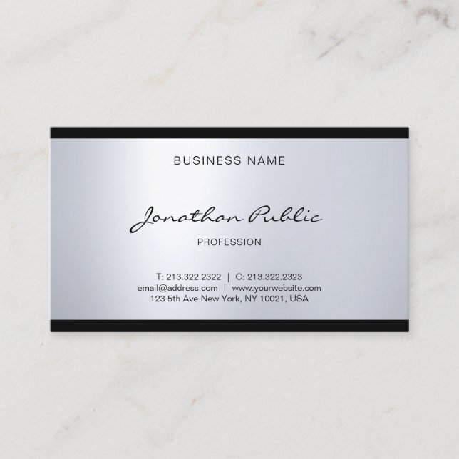 Professional Elegant Glam Hand Script Silver Look Business Card (Front)