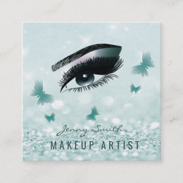 Professional elegant modern bokeh butterfly makeup square business card (Front)