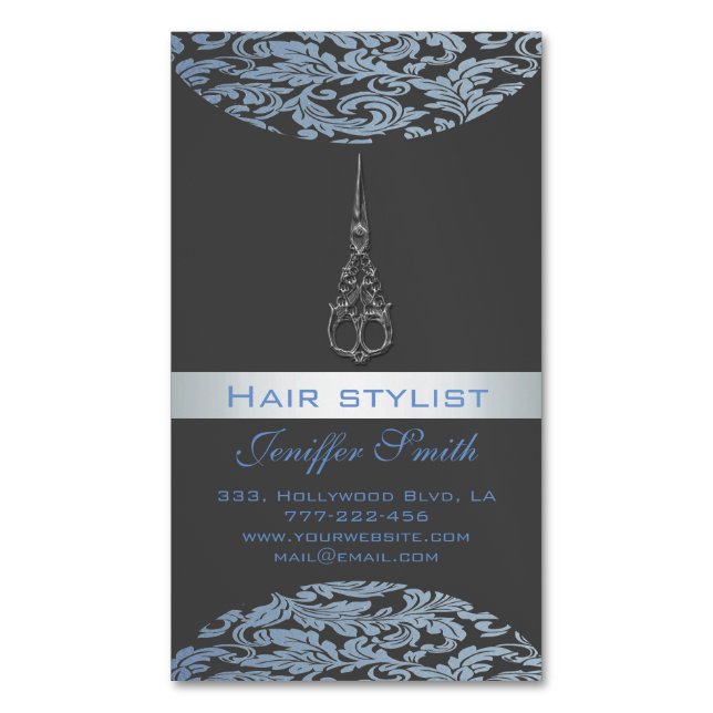 Professional elegant modern chic damask scissors 	Magnetic business card (Front Vertical)