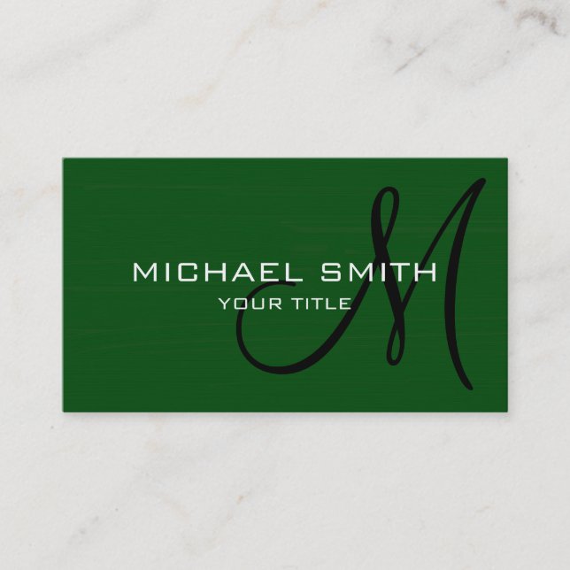 Professional Elegant Monogram Plain Green Business Card (Front)