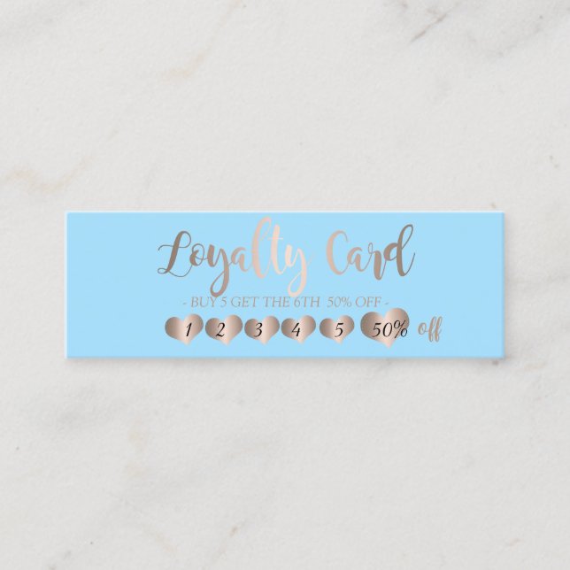 Professional Elegant Rose Gold Hearts Light Blue Loyalty Card (Front)