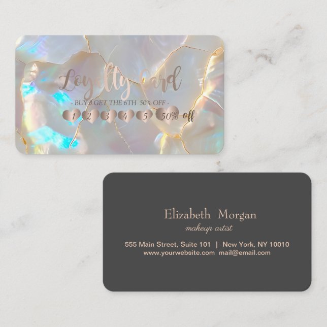 Professional Elegant Rose Gold Hearts Opal Stone Loyalty Card (Front/Back)