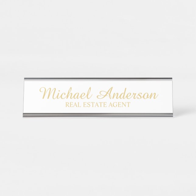 Professional Elegant Script White and Gold Desk Name Plate (Front)