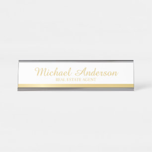Professional Elegant White and Gold Desk Name Plate