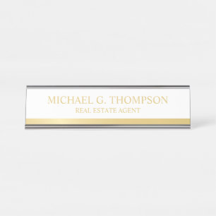 Professional Elegant White and Gold Desk Name Plate