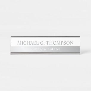 Professional Elegant White and Silver Desk Name Plate