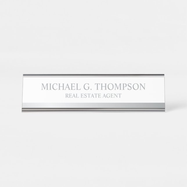 Professional Elegant White and Silver Desk Name Plate (Front)