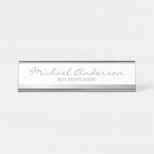Professional Elegant White and Silver Desk Name Plate