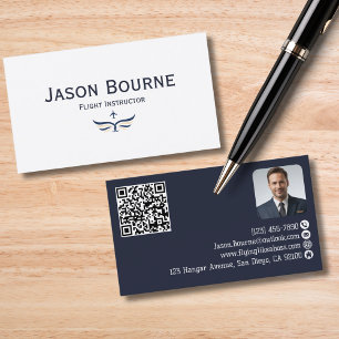 Professional Employee Photo QR Code Blue Aviation  Business Card