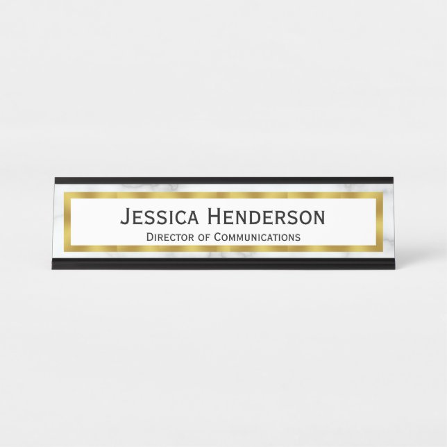 Professional Faux Gold and White Marble Look Desk Name Plate (Front)