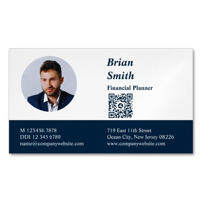 Professional Financial Planner QR Code Blue Magnetic Business Card (Front)