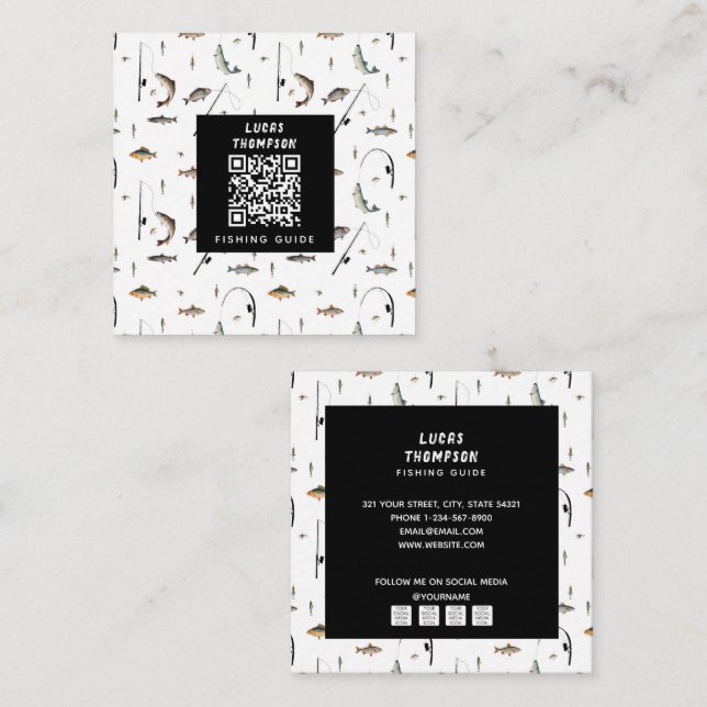 Professional Fishing Guide Charters QR Code Square Business Card (Front/Back)