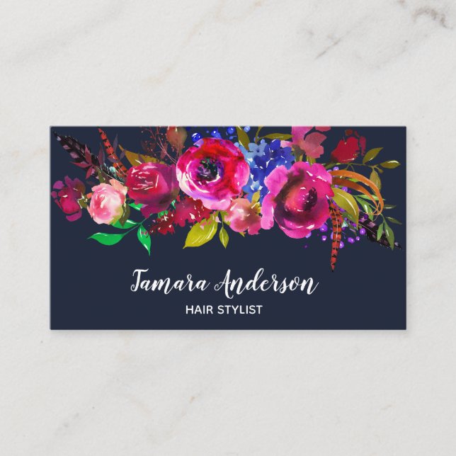 Professional Floral Hairstylist Navy Burgundy Pink Business Card (Front)