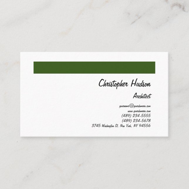 Professional Forest Green White Plain Architect Business Card (Front)