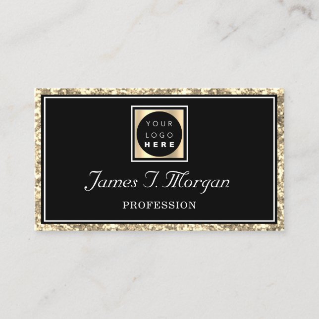 Professional Gold Black Glitter Frame Logo Gold Business Card (Front)