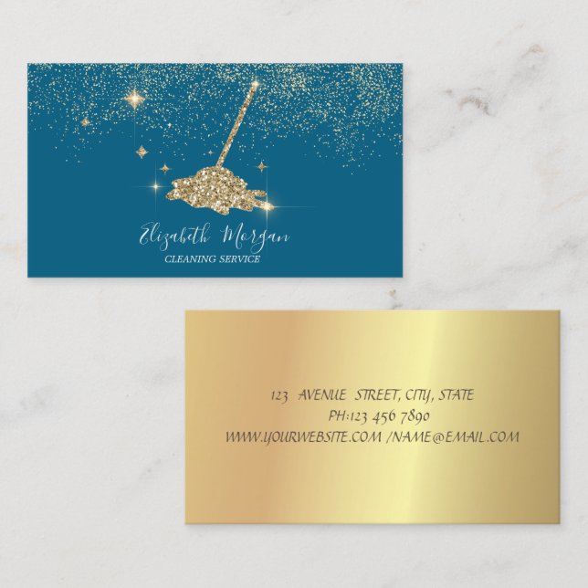 Professional Gold Confetti Glitter Broom Business Card (Front/Back)