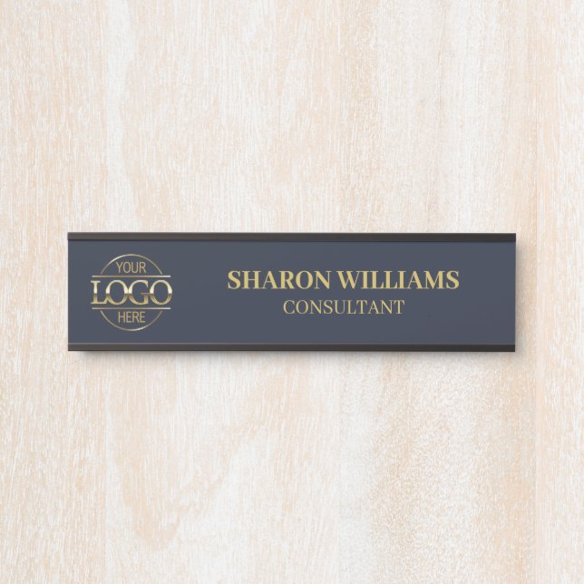 Professional Gold Navy Blue Custom Business Logo Door Sign (Front)