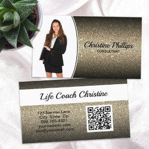 Professional Gold Ombre Glitter Custom Photo QR Business Card