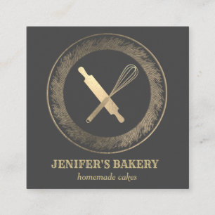 Professional gold rolling pin whisk chef bakery square business card