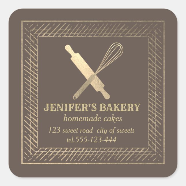Professional gold rolling pin whisk chef bakery square sticker (Front)