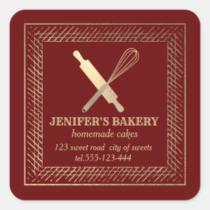 Professional gold rolling pin whisk chef bakery square sticker