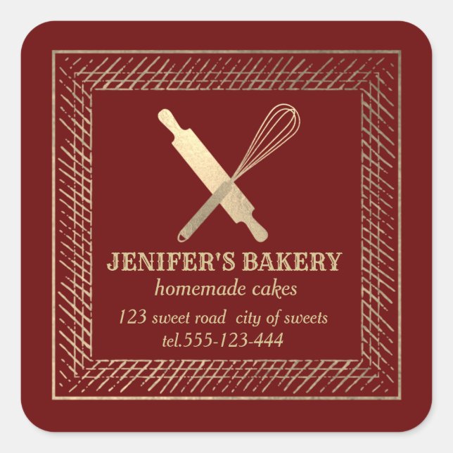 Professional gold rolling pin whisk chef bakery square sticker (Front)
