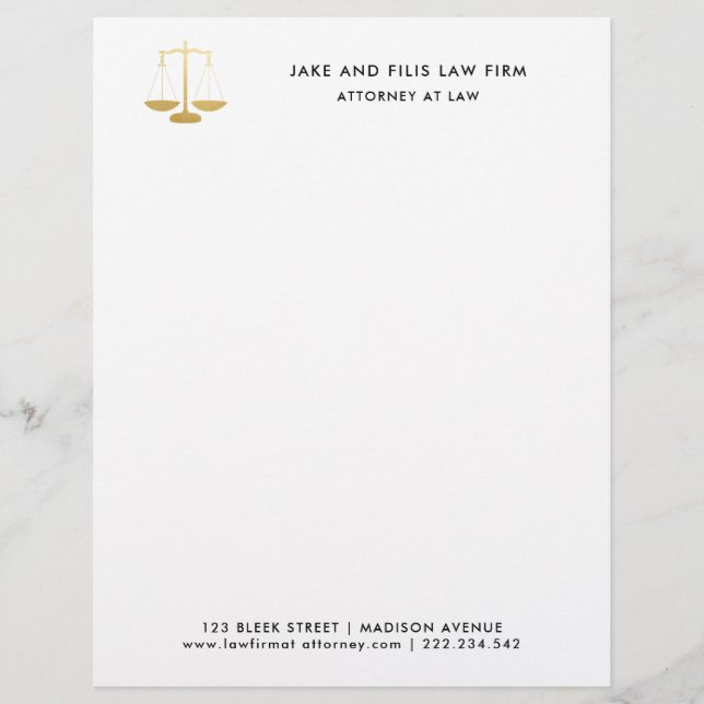 Professional Gold Scales Attorney Law Firm Letterhead (Front)