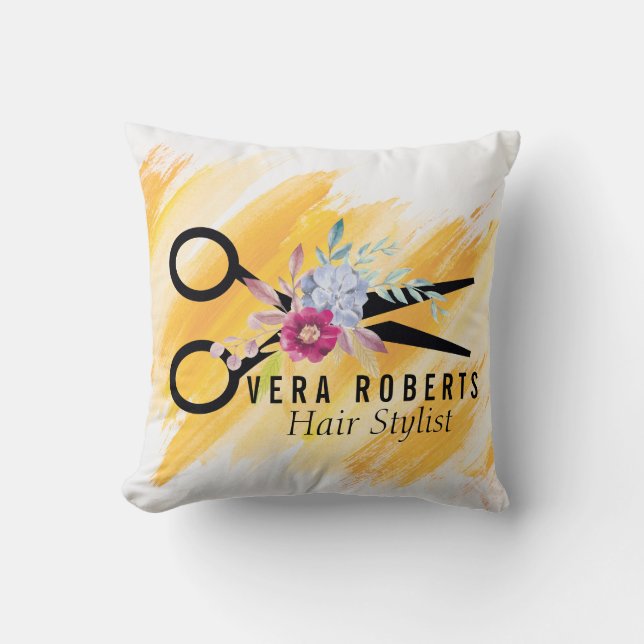 Professional Gold Scissor & Beauty Salon floral Throw Pillow (Front)