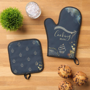 Professional,Gold Whisk,Cupcake,Cooking Blue Oven Mitt & Pot Holder Set