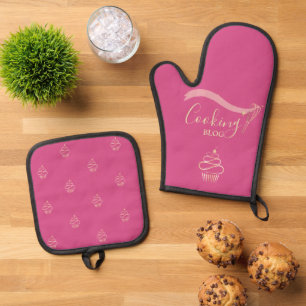 Professional,Gold Whisk,Cupcake,Cooking Fushia Oven Mitt & Pot Holder Set
