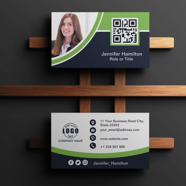 Professional Green add your Logo QR Code Photo Business Card (Creator Uploaded)