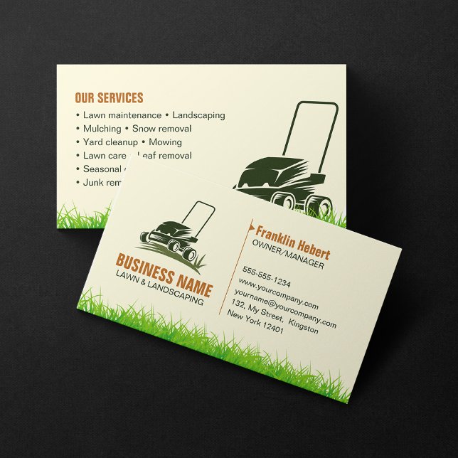 Professional Green Biege Lawncare Landscaping Mow Business Card (Creator Uploaded)